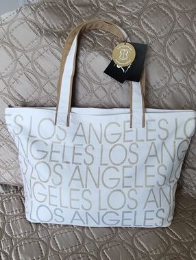 Robin Ruth White Canvas 'Los Angeles' Tote with Tan Handles.